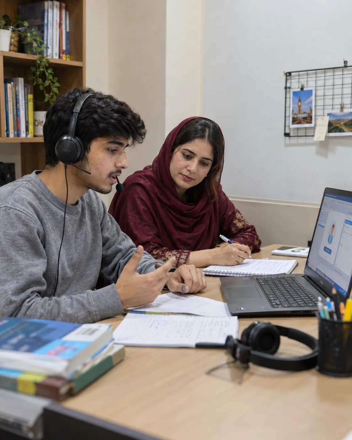Student practising an English speaking test with headphones and a tutor