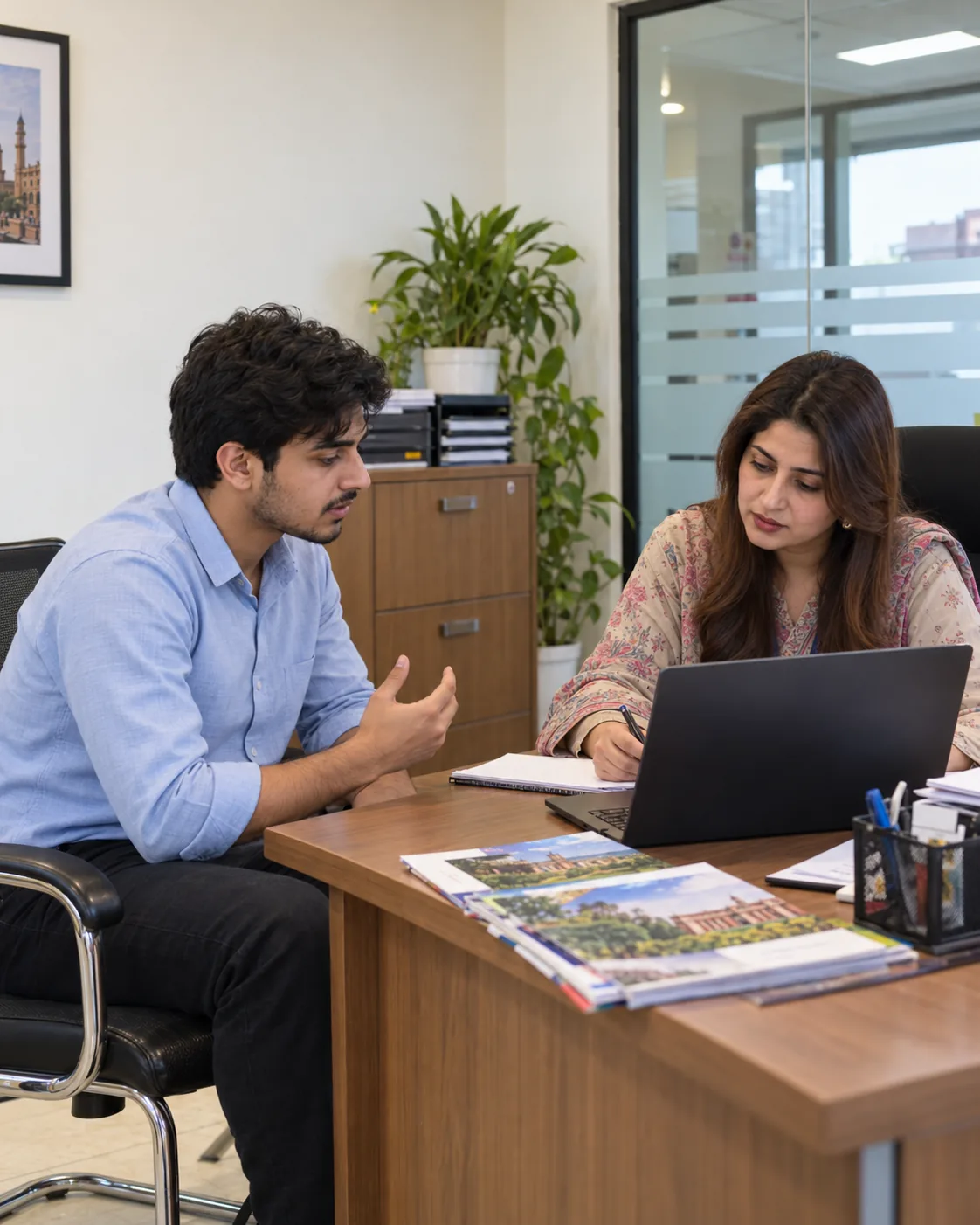 Student discussing study options with an adviser at a consultation desk