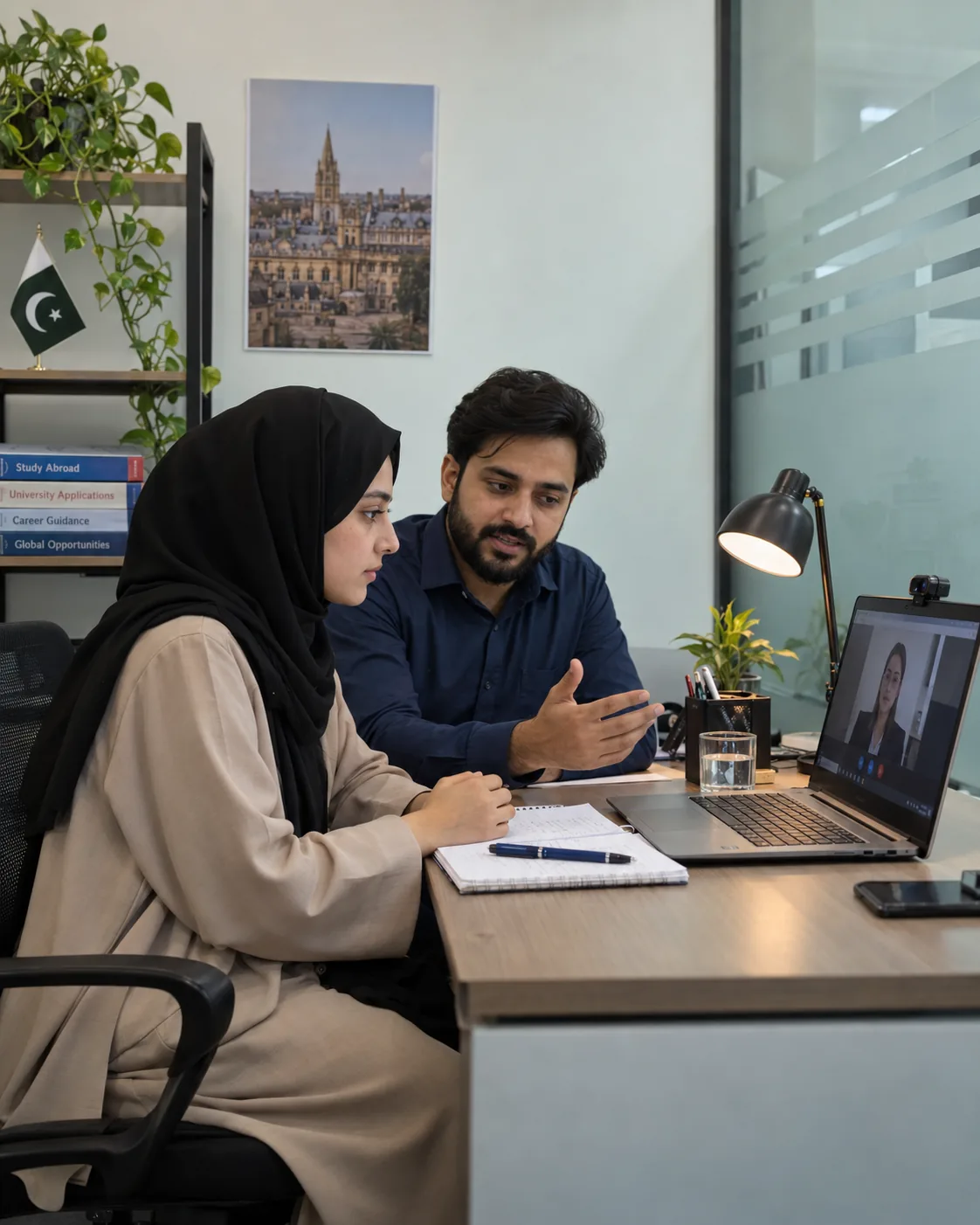Student and adviser preparing for a video interview on a laptop