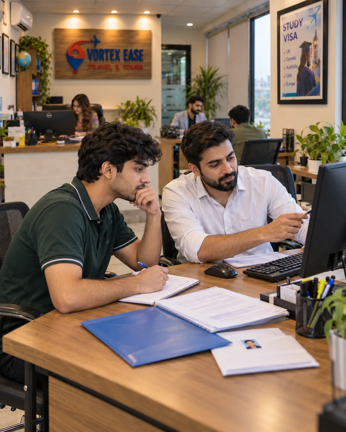 Student and adviser reviewing university application documents at a computer